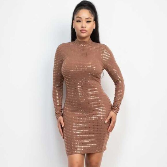 Women's Open-Back Sequin Slinky Bodycon Dress - Brown - Picture 1 of 4